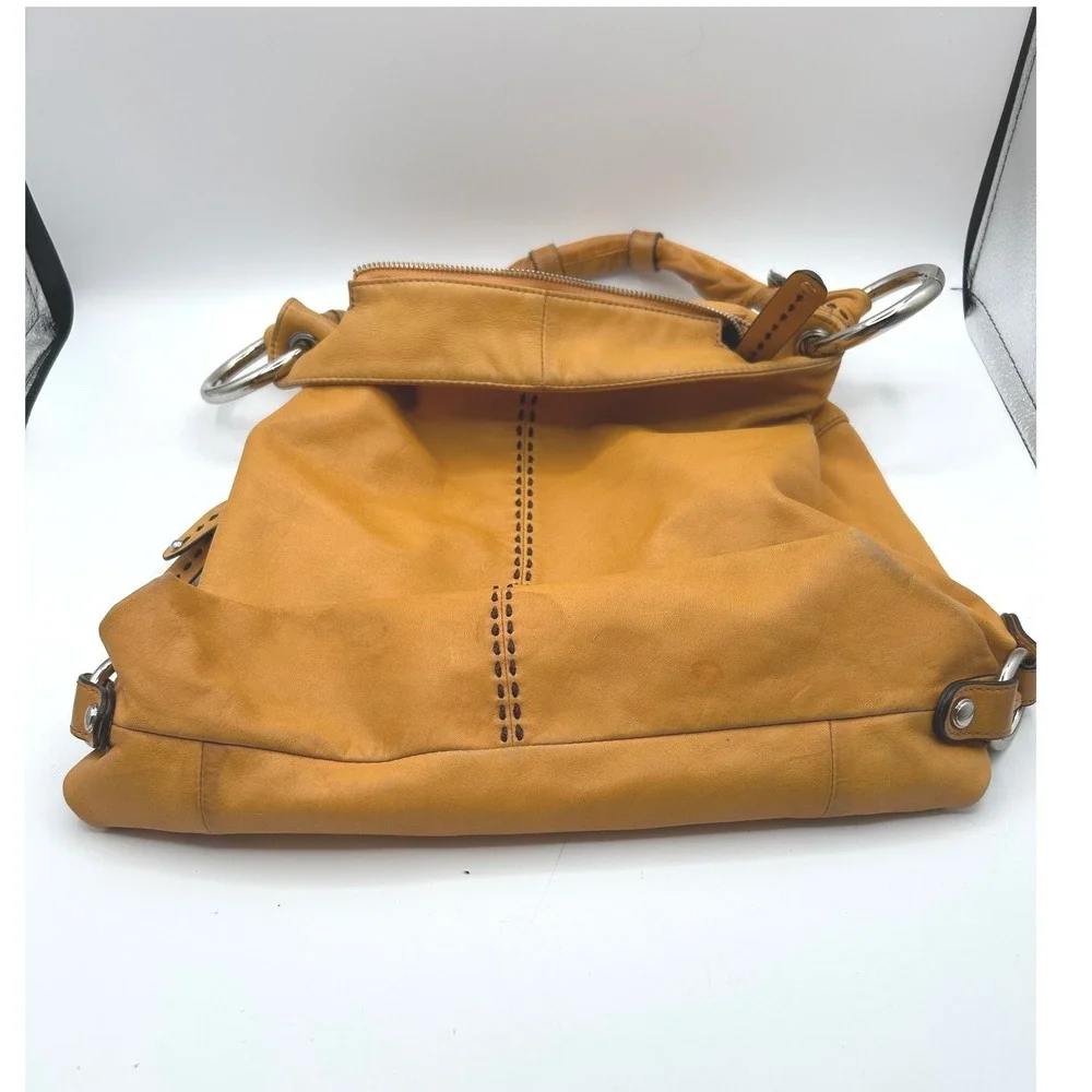 B. Makowsky Hobo Bag Women Large Mustard Yellow Leather Whipstitch Ring Handle